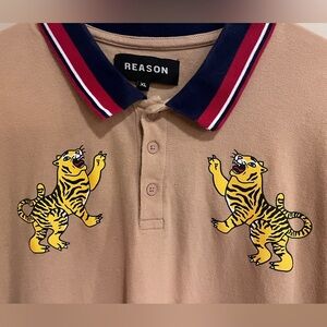 Reason Brand Men’s Tiger Detail Polo Short Sleeve Shirt Khaki 100%Cotton Size XL